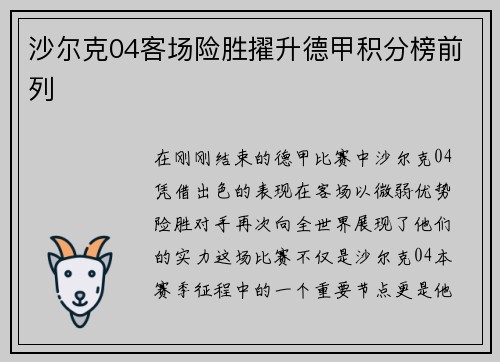 沙尔克04客场险胜擢升德甲积分榜前列