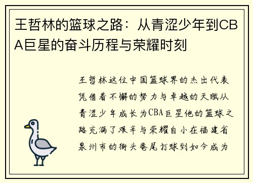 王哲林的篮球之路：从青涩少年到CBA巨星的奋斗历程与荣耀时刻